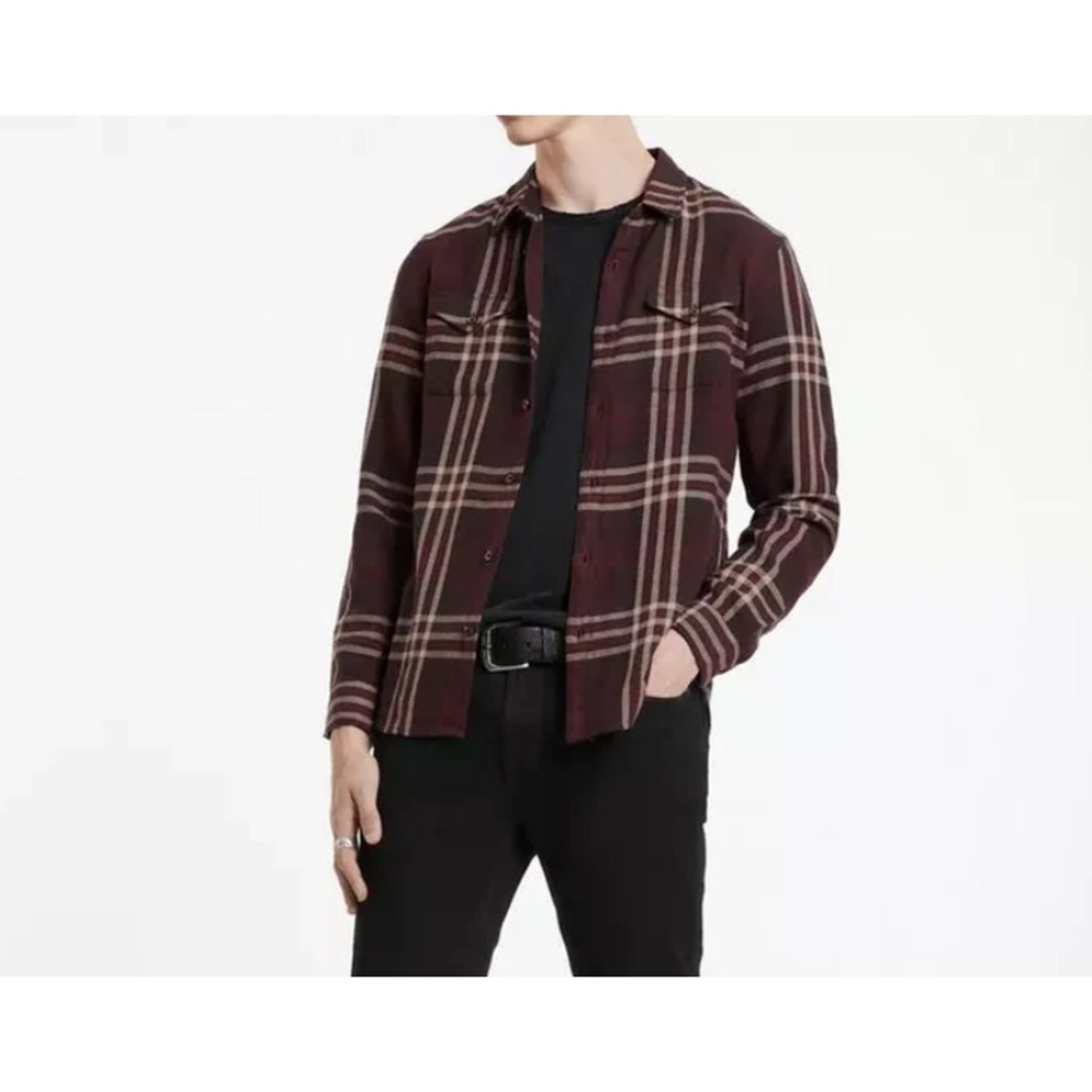 John‎ Varvatos Dale Sport Brushed Flannel Shirt Merlot Plaid Men Small NWT $228